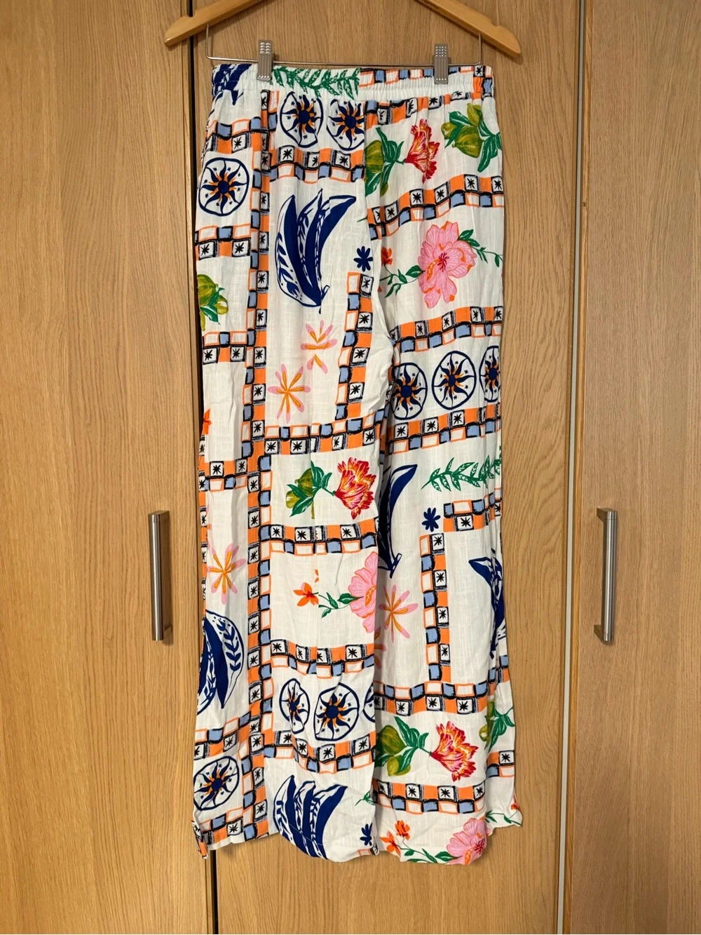 Boho Wide-Leg Floral Patchwork Pants - Cream Multi. Linen Blend